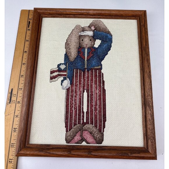 Patriotic Bunny Cross Stitch Framed Art Wood Frame Decorative Vintage - Picture 4 of 8